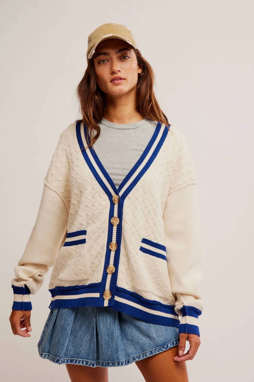 NEW FREE PEOPLE women's varsity striped trims cardigan in cream